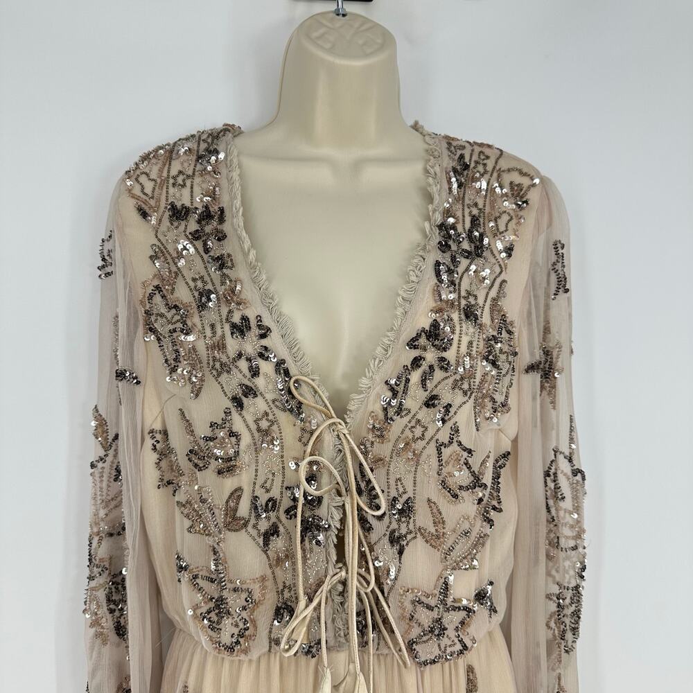 Ranna Gill Womens Beaded Romper Size 6 Coachella Festival Boho Champagne Cream - Picture 4 of 16